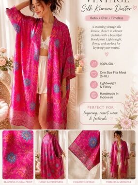 VTG Silk Kimono Duster Vibrant Pink Batik Floral Boho Festival Lagenlook OSFM